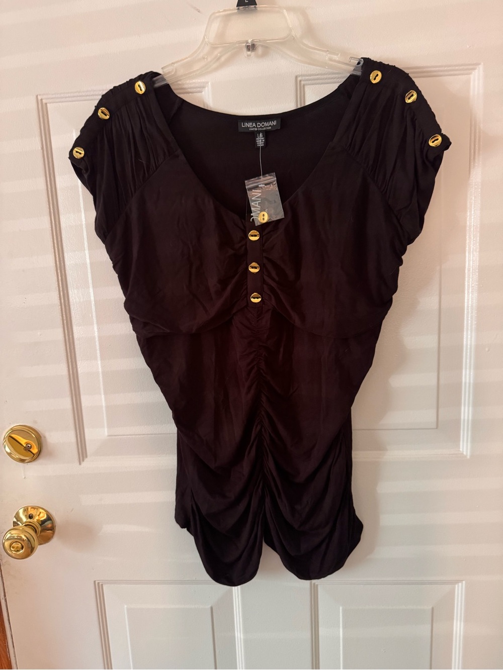 Linea Domani large Black Rouched Short Sleeve Top with Gold Buttons